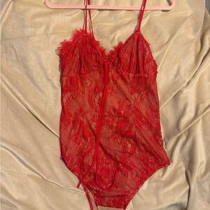 WAYF Red Lace Nude Lined Bodysuit